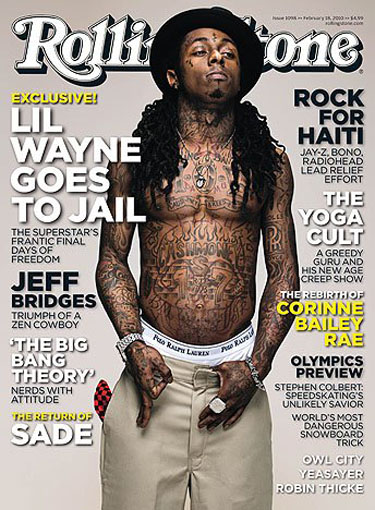 Jail-bound rapper Lil' Wayne covers the February issue of Rolling Stone 