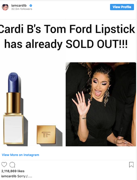 Cardi B's New Tom Ford Lipstick Sells Out In Less Than 24 Hours - That  Grape Juice
