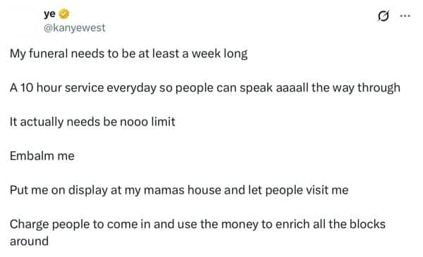 Kanye West funeral plans tweet