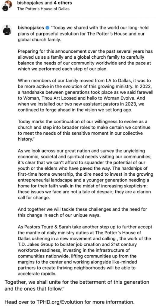 T.D. Jakes Statement