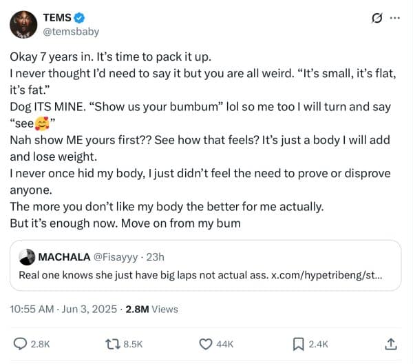 Tems response to body shaming tweet