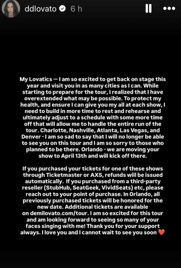 Demi Lovato tour instagram story