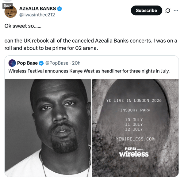 Azealia Banks Wireless tweet