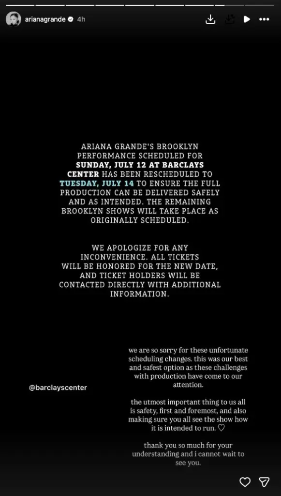 Ariana Grande Reschedules Three 'Eternal Sunshine' Tour Dates Due to Production Issues