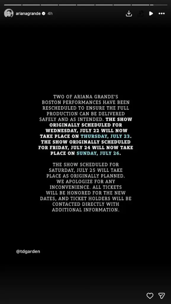 Ariana Grande Reschedules Three 'Eternal Sunshine' Tour Dates Due to Production Issues