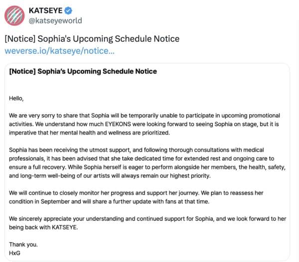 KATSEYE's Sophia Announces Hiatus Six Months After Manon Exit, Cites Mental Health