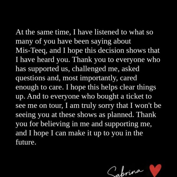 Sabrina Washington statement on cancelling her solo tour and Mis-Teeq reunion - page 18