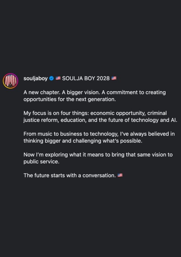 Soulja Boy hints at presidential run for 2028